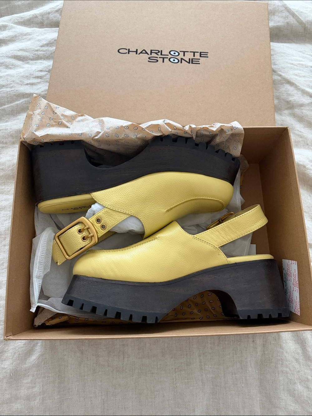 Charlotte Stone Yellow Leather Platform Slingback Clogs with Black Lug Sole